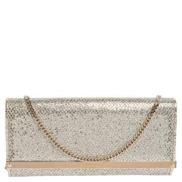 Pre Owned Jimmy Choo Silver Glitter Fabric Milla Chain Clutch