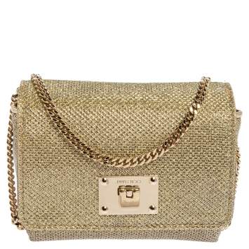Pre Owned Jimmy Choo Gold Lame Glitter Fabric Ruby Chain Clutch