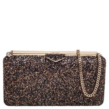 Pre Owned Jimmy Choo Gold/Black Coarse Glitter Ellipse Chain Clutch 