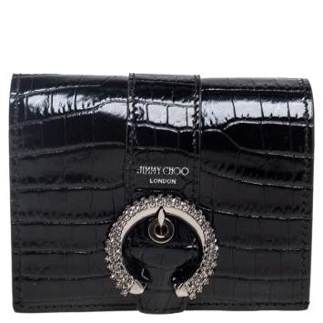 مملوكة مسبقًا Jimmy Choo Black Croc Embossed Leather Hanne Crystals Compact Wallet