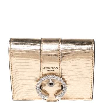 Pre Owned Jimmy Choo Gold Lizard Embossed Leather Hanne Crystals Compact Wallet