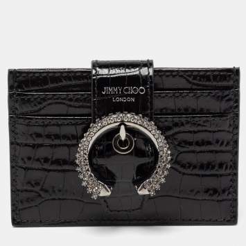 مملوكة مسبقًا Jimmy Choo Black Croc Embossed Glossy Leather Oldile Crystals Card Holder 