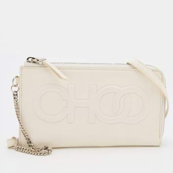 Pre Owned Jimmy Choo White Leather Embossed Logo Adelia Wallet on Strap