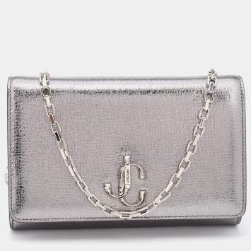 Pre Owned Jimmy Choo Metallic Silver Textured Leather Varenne Chain Clutch