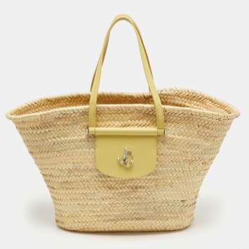 Pre Owned Jimmy Choo Yellow/Natural Leaf Raffia Macy Tote
