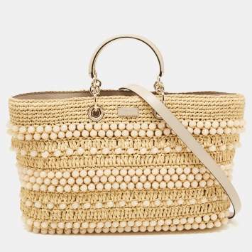 Pre Owned Jimmy Choo Natural Beaded Raffia and Leather Large Bon Bon Tote