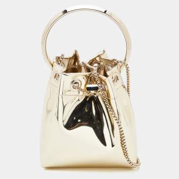 Pre Owned Jimmy Choo Gold Laminated Leather Bon Bon Crystal Embellished Bucket Bag