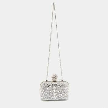 Pre Owned Jimmy Choo Silver Suede Crystals Embellished Micro Cloud Clutch