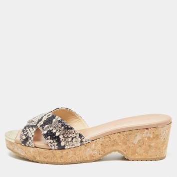Pre Owned Jimmy Choo Pink/Black Embossed Snakeskin Panna Slide Sandals Size 39