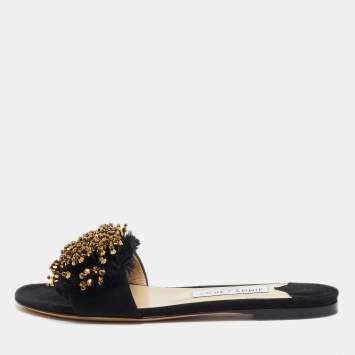 Pre Owned Jimmy Choo Black Suede Embellished Waida Flat Slides Size 37.5