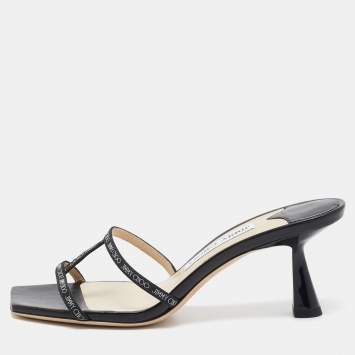 Pre Owned Jimmy Choo Black Logo Print Fabric Ria Sandals Size 37.5