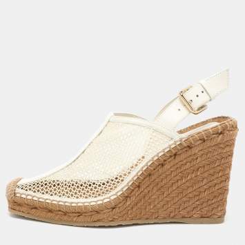 Pre Owned Jimmy Choo Off White Mesh and Leather Dakori Wedge Espadrille Sandals Size 39