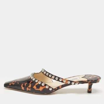 Pre Owned Jimmy Choo Black/Brown Animal Print Patent Leather Ros Mules Size 39