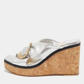 Pre Owned Jimmy Choo Silver Leather Nevara Wedge Sandals Size 36.5