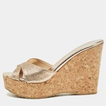 Pre Owned Jimmy Choo Gold Glitter Perfume Cork Wedge Sandals Size 36