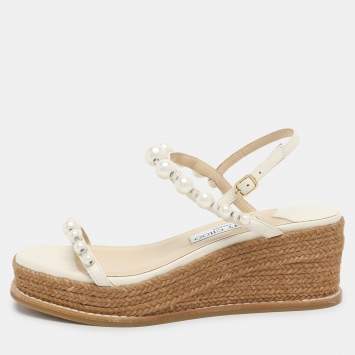 Pre Owned Jimmy Choo Cream Leather Amatuss Espadrille Sandals Size 37.5