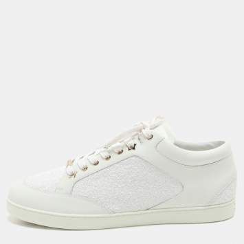 Pre Owned Jimmy Choo White Glitter and Leather Miami Low Top Sneakers Size 43