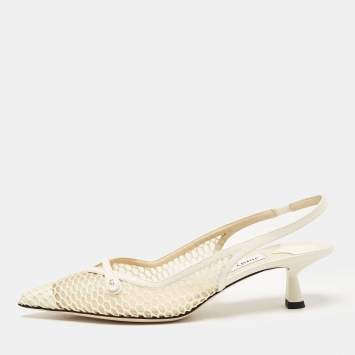 Pre Owned Jimmy Choo White Leather and Mesh Amita Slingback Pumps Size 37.5