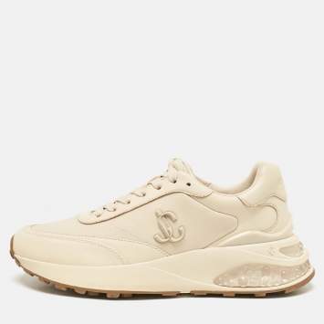 Pre Owned Jimmy Choo Beige Leather and Neoprene Memphis Sneakers Size 38