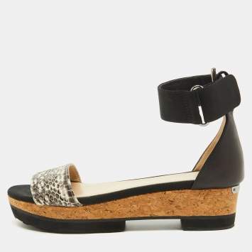 Pre Owned Jimmy Choo Black Snakeskin and Stretch Band Neat Ankle Strap Sandals Size 37.5