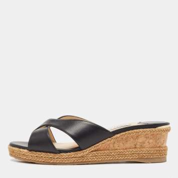Pre Owned Jimmy Choo Black Leather Criss Cross Cork Wedge Slide Sandals Size 37.5