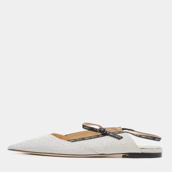 Pre Owned Jimmy Choo Silver Glitter Ree Slingback Flats Size 40
