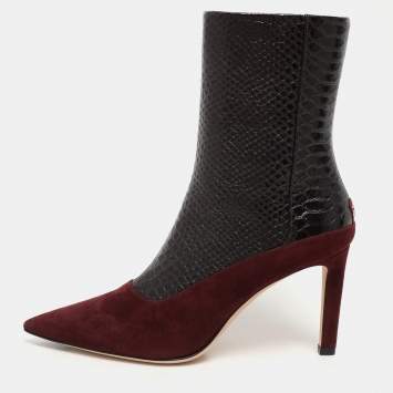Pre Owned Jimmy Choo Burgundy Python Embossed Leather and Suede Mavie Ankle Boots Size 40