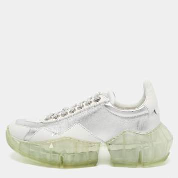 Jimmy Choo Silver/White Leather Diamond Lace Up Sneakers Size 35