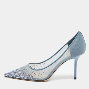 Pre Owned Jimmy Choo Blue Mesh Crystal Embellished Love Pumps Size 37