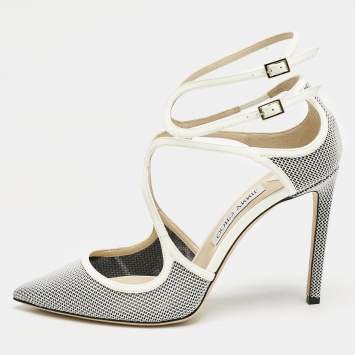 Jimmy Choo White/Black Raffia and Patent Leather Lancer Pumps Size 40.5