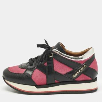 Pre Owned Jimmy Choo Tricolor Fabric and Leather Mix Trainer Lace Up Sneakers Size 36.5