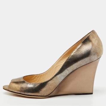 Pre Owned Jimmy Choo Metallic Gold Foil Leather Baxen Peep Toe Wedge Pumps Size 40
