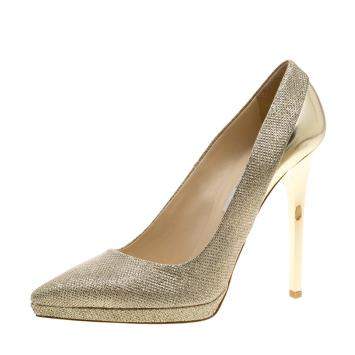 Pre Owned Jimmy Choo Metallic Gold Lamè and Leather Aude Pointed Toe Platform Pumps Size 41