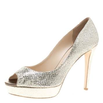 Pre Owned Jimmy Choo Silver Glitter Fabric Dahlia Platform Peep Toe Pumps Size 41