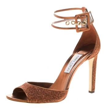 Pre Owned Jimmy Choo Metallic Pop Orange Lurex and PVC Moscow Ankle Strap Sandals Size 41