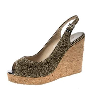 Pre Owned Jimmy Choo Metallic Gold Lurex Prova Slingback Cork Wedge Sandals Size 41