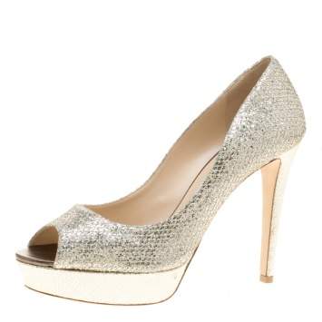 Pre Owned Jimmy Choo Metallic Champagne Glitter Fabric Dahlia Platform Peep Toe Pumps Size 40.5