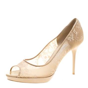 Pre Owned Jimmy Choo Beige Lace Luna Peep Toe Platfrom Pumps Size 41