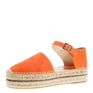 Pre Owned Jimmy Choo Pop Orange Suede Delphine Ankle Strap Espadrille Platform Sandals Size 40