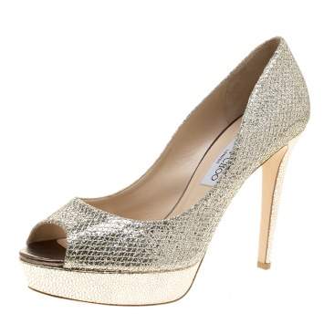 Pre Owned Jimmy Choo Metallic Champagne Glitter Fabric Dahlia Peep Toe Platform Pumps Size 41.5