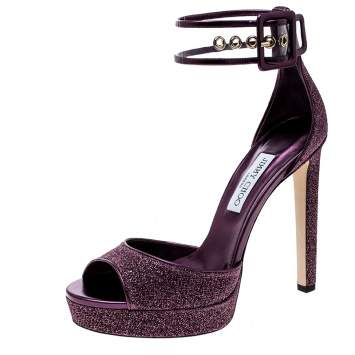 Pre Owned Jimmy Choo Metallic Berry Purple Lamè Fabric and PVC Mayner Peep Toe Ankle Cuff Sandals Size 41