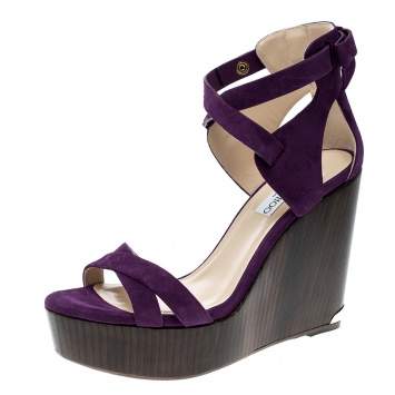 Pre Owned Jimmy Choo Purple Suede Naomi Cross Strap Bow Detail Wedge Sandals Size 41