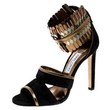 Pre Owned Jimmy Choo Black Suede and Metallic Mirrored Leather Klara Ankle Cuff Peep Toe Sandals Size 40
