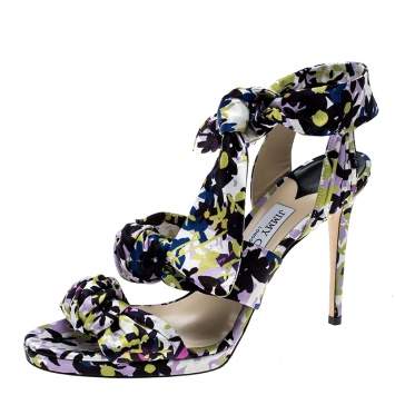 Pre Owned Jimmy Choo Multicolor Floral Print Satin Kris Knot Sandals Size 40