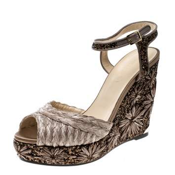 Pre Owned Jimmy Choo Light Mocha Raffia and Embroidered Coarse Glitter Perla Peep Toe Wedge Sandals Size 40