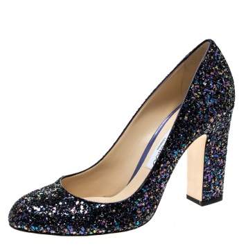 Pre Owned Jimmy Choo Metallic Blue Coarse Glitter Billie Block Heel Pumps Size 41