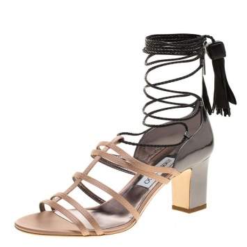 Pre Owned Jimmy Choo Beige Satin and Metallic Leather Diamond Ankle Tie Up Sandals Size 40