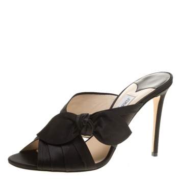 Pre Owned Jimmy Choo Black Satin Keely Knotted Bow Peep Toe Slides Size 40