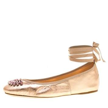 Pre Owned Jimmy Choo Metallic Rose Leather Grace Crystal Embellished Ankle Wrap Ballet Flats Size 41