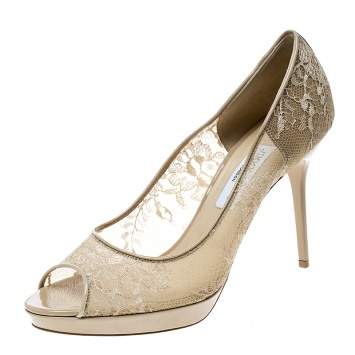 Pre Owned Jimmy Choo Beige Lace Luna Peep Toe Platform Pumps Size 40.5